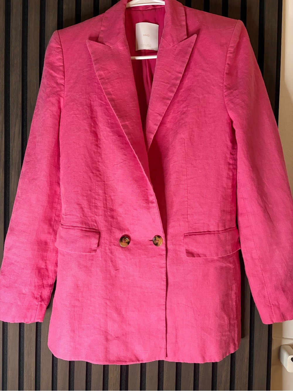 MNG Mango 100% Linen Double Breasted Blazer Hot Pink Women’s Size S EUC